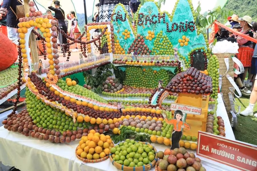 Trái mận được trang trí thành mô hình bắt mắt tại hội thi.