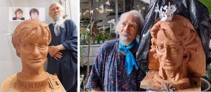 Điêu khắc gia Phạm Văn Hạng bên 2 tác phẩm tri ân những nhà khoa học Kariko Katalin và Sahin Özlem Türeci, hai phụ nữ đã bào chế vắc-xin chống đại dịch Covid-19.