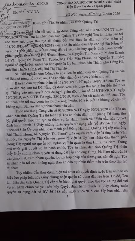 Công văn phúc đáp của tòa án tối cao với tòa án tỉnh Quảng Trị.