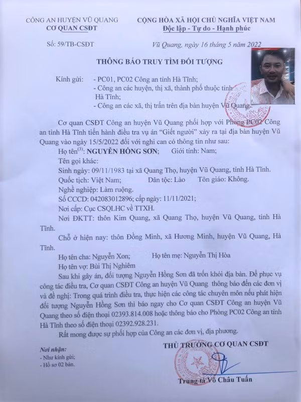 Thông báo truy tìm đối tượng Nguyễn Hồng Sơn của Công an huyện Vũ Quang.