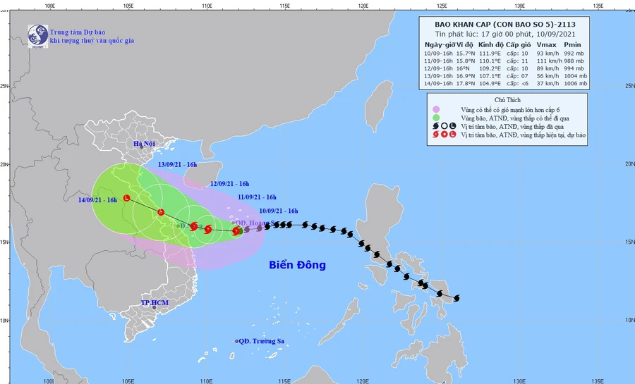 Vị trí và dự báo đường đi của bão số 5.