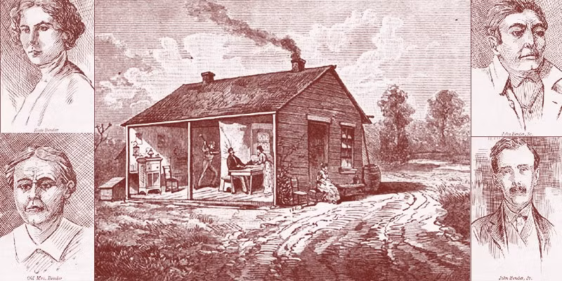 Bản phác họa chân dung gia đình Bender và căn nhà trọ, hiện trường các vụ giết người.