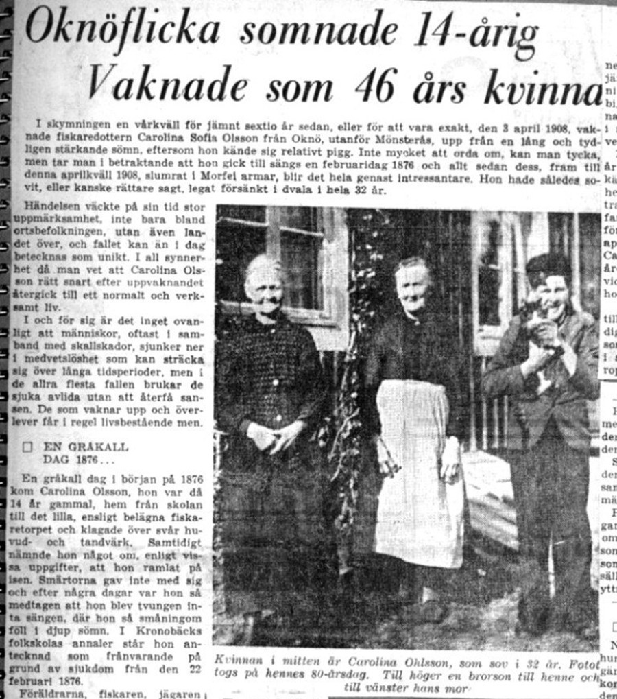 Một bài báo ở Thụy Điển đăng về giấc ngủ 32 năm của Karolina. Một bài báo ở Thụy Điển đăng về giấc ngủ 32 năm của Karolina.