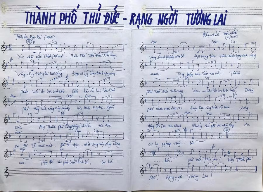 Bản viết tay ca khúc “Thành phố Thủ Đức - Rạng ngời tương lai”. Bản viết tay ca khúc “Thành phố Thủ Đức - Rạng ngời tương lai”.