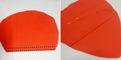 Với tấm vải đỏ 2/3 trái dâu tây, bạn gấp mép vải dọc theo cạnh đường thẳng vào trong 1cm. Khâu hai đường chần thẳng song song, đường khâu thứ nhất cách mép vải 0,2cm, đường khâu thứ hai cách đường khâu thứ nhất 0,5cm. Đặt tấm vải vừa khâu mép vải lên trên tấm vải dâu tây màu đỏ thứ hai, các mép vải trùng nhau, ghim ổn định. Với tấm vải đỏ 2/3 trái dâu tây, bạn gấp mép vải dọc theo cạnh đường thẳng vào trong 1cm. Khâu hai đường chần thẳng song song, đường khâu thứ nhất cách mép vải 0,2cm, đường khâu thứ hai cách đường khâu thứ nhất 0,5cm. Đặt tấm vải vừa khâu mép vải lên trên tấm vải dâu tây màu đỏ thứ hai, các mép vải trùng nhau, ghim ổn định.
