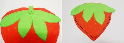 Bạn đặt tấm vải dâu tây thứ nhất lên trên tấm vải nỉ trắng, khâu trang trí các hạt cườm nhỏ giả làm hạt dâu tây. Gấp đôi tấm vải màu xanh đặt lên trên cuống dâu tây ghim cố định. Lưu ý: đầu gấp đôi đặt trên cuống dâu tây và hai mép vải trùng với mép vải dâu tây màu đỏ. Úp mặt phải tấm vải dâu tây thứ hai lên trên tấm vải dâu tây thứ nhất, khâu đường viền xung quanh, chừa trống khe hở lộn mặt phải ra ngoài. Sau đó, khâu đường chỉ chần cách mép vải 0,7cm là xong. Bạn đặt tấm vải dâu tây thứ nhất lên trên tấm vải nỉ trắng, khâu trang trí các hạt cườm nhỏ giả làm hạt dâu tây. Gấp đôi tấm vải màu xanh đặt lên trên cuống dâu tây ghim cố định. Lưu ý: đầu gấp đôi đặt trên cuống dâu tây và hai mép vải trùng với mép vải dâu tây màu đỏ. Úp mặt phải tấm vải dâu tây thứ hai lên trên tấm vải dâu tây thứ nhất, khâu đường viền xung quanh, chừa trống khe hở lộn mặt phải ra ngoài. Sau đó, khâu đường chỉ chần cách mép vải 0,7cm là xong.