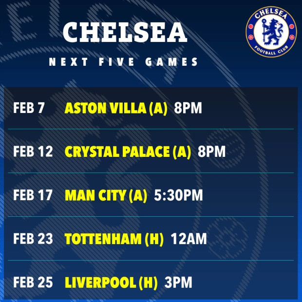 Lịch thi đấu sắp tới của Chelsea. Lịch thi đấu sắp tới của Chelsea.
