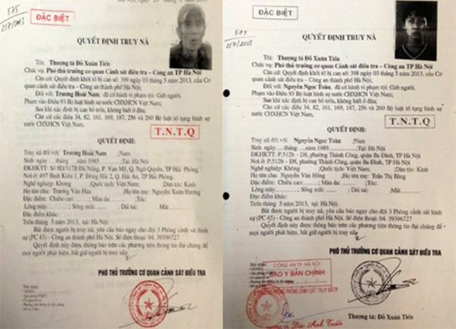 Quyết định truy nã đặc biệt đối với Toàn và Nam. 2