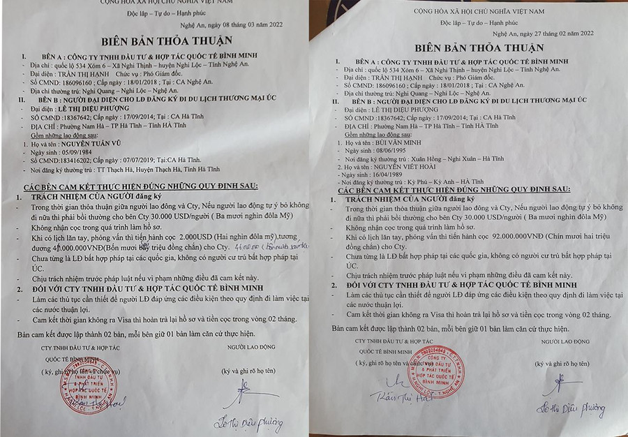 Mặc dù không cấp được Visa cho lao động đăng ký đi du lịch thương mại Úc nhưng Công ty Bình Minh vẫn yêu cầu cọc 2.000 USD/lao động và chiếm đoạt. Mặc dù không cấp được Visa cho lao động đăng ký đi du lịch thương mại Úc nhưng Công ty Bình Minh vẫn yêu cầu cọc 2.000 USD/lao động và chiếm đoạt.