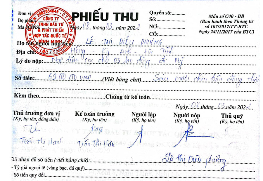 Việc giao nộp tiền cọc của khách hàng mà chị Phượng thực hiện với Công ty Bình Minh đều có phiếu thu rõ ràng.