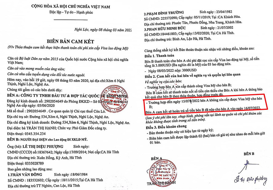 Bản cam kết chị Phượng đại diện các khách hàng lao động Mỹ ký với Công ty Bình Minh có nêu rõ phía công ty không ra được Visa cho khách hàng sẽ hoàn tiền trước ngày 16/7.
