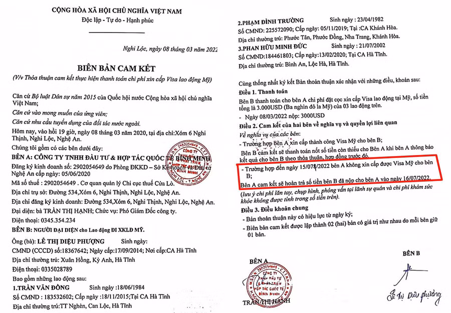 Bản cam kết chị Phượng đại diện các khách hàng lao động Mỹ ký với Công ty Bình Minh có nêu rõ phía công ty không ra được Visa cho khách hàng sẽ hoàn tiền trước ngày 16/7.