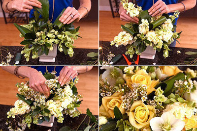 Cắm hoa: bạn cắm các cành lá nhỏ, lá có bản rộng và cành thảo mộc vào các ổ nhỏ trên miệng bình. Lưu ý: bạn cắm để chừa khoảng trống cắm hoa. Cắt các cành hoa stock trắng căm kẽ giữa các cành lá. Sau đó, bạn cắm cành hoa trắng nhỏ và hoa hồng vàng. Cuối cùng, chỉnh lại các cành hoa cho màu sắc hài hòa, bình hoa đẹp hơn. Cắm hoa: bạn cắm các cành lá nhỏ, lá có bản rộng và cành thảo mộc vào các ổ nhỏ trên miệng bình. Lưu ý: bạn cắm để chừa khoảng trống cắm hoa. Cắt các cành hoa stock trắng căm kẽ giữa các cành lá. Sau đó, bạn cắm cành hoa trắng nhỏ và hoa hồng vàng. Cuối cùng, chỉnh lại các cành hoa cho màu sắc hài hòa, bình hoa đẹp hơn.