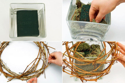 Đầu tiên, bạn cắt xốp cắm hoa bằng 2/3 chiều cao bình, ngâm thấm nước, đặt vào trong bình. Lưu ý: giữa khối xốp và thành bình có khoảng trống để đặt rêu khô. Bạn đặt rêu khô xung quanh ở khe giữa khối xốp và thành bình. Tiếp theo, bạn quấn dây khô thành nhiều vòng tròn, dùng sợi kẽm cột cố định ở các điểm trên vòng tròn làm thành vòng trang trí đặt lên miệng bình. Vòng tròn nằm trên miệng bình có đường kính bằng 2 lần chiều rộng miệng bình là được. Đầu tiên, bạn cắt xốp cắm hoa bằng 2/3 chiều cao bình, ngâm thấm nước, đặt vào trong bình. Lưu ý: giữa khối xốp và thành bình có khoảng trống để đặt rêu khô. Bạn đặt rêu khô xung quanh ở khe giữa khối xốp và thành bình. Tiếp theo, bạn quấn dây khô thành nhiều vòng tròn, dùng sợi kẽm cột cố định ở các điểm trên vòng tròn làm thành vòng trang trí đặt lên miệng bình. Vòng tròn nằm trên miệng bình có đường kính bằng 2 lần chiều rộng miệng bình là được.