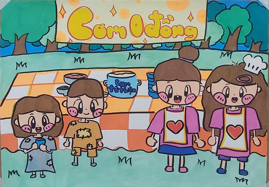 Bức tranh 'Cơm 0 đồng' của Vũ Hà Linh (lớp 6 Trường THCS Gia Thụy, Long Biên, Hà Nội). Ảnh: Bình Thanh