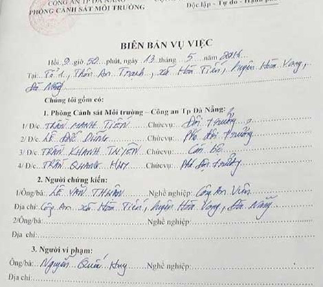 Biên bản xử lý của Phòng CSMT TPĐà Nẵng.
