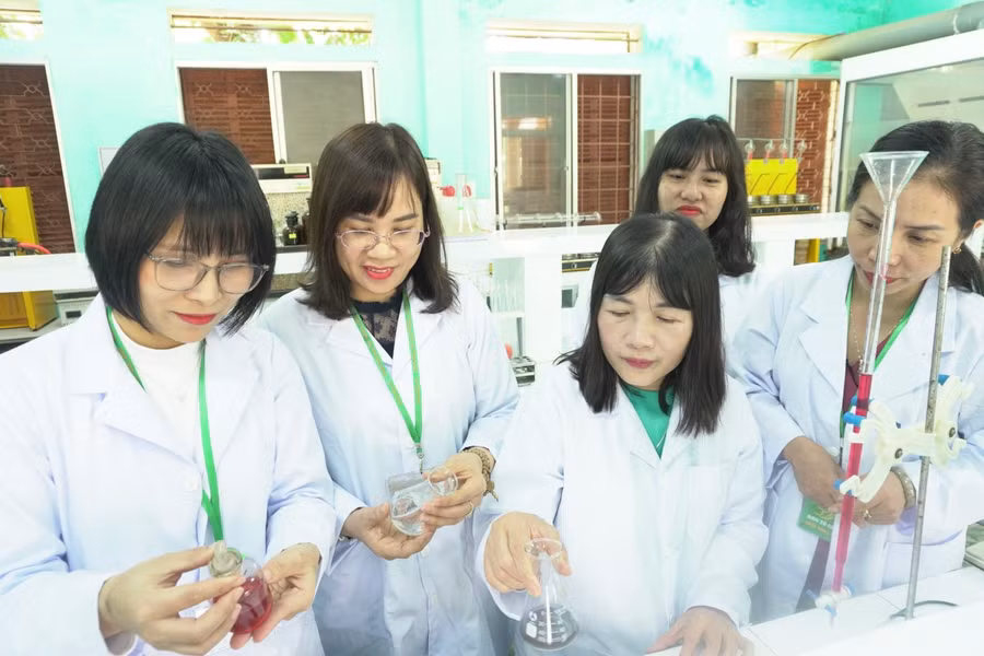 GS.TS Hoàng Thị Thái Hòa cùng đồng nghiệp trong nghiên cứu khoa học.