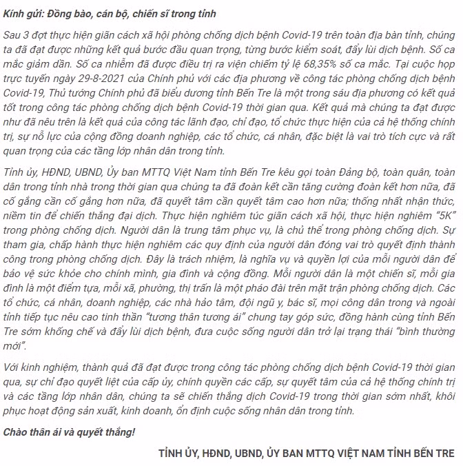 Thư kêu gọi toàn dân tỉnh Bến Tre đoàn kết, cố gắng, quyết tâm chiến thắng đại dịch Covid-19. Nguồn: Báo Đồng Khởi.