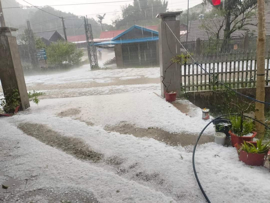 Mưa đá phủ trắng sân nhà của người dân.