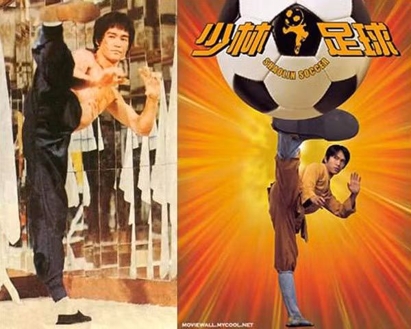 Cú đá chân kinh điển của Lý Tiểu Long không chỉ được Châu Tinh Trì đưa vào phim mà còn dùng để thực hiện poster Đội bóng Thiếu Lâm.