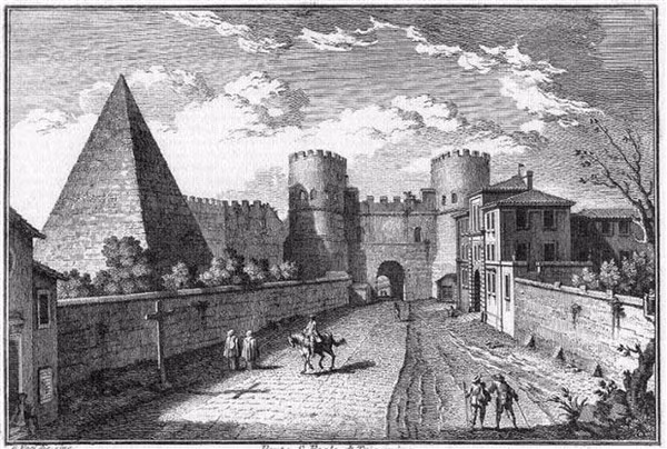 Kim tự tháp Cestius kết hợp với Tường thành Aurelian do kiến trúc sư người Ý, Giuseppe Vasi, vẽ vào thế kỷ 18.