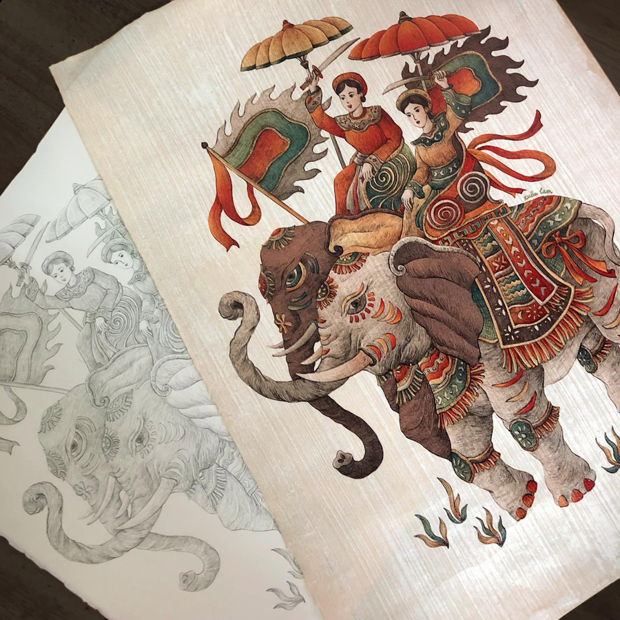 Tác phẩm &apos;Hai Bà Trưng&apos; của họa sĩ Xuân Lam.