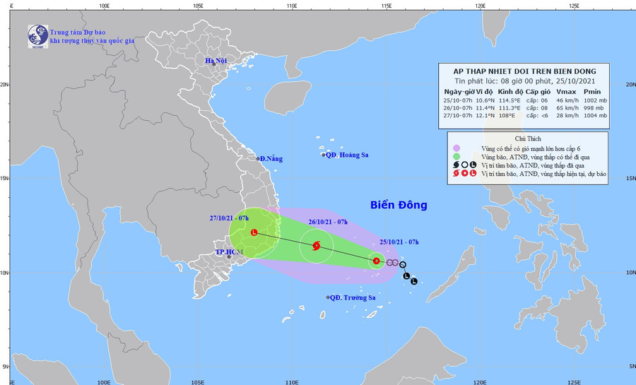 Dự báo hướng di chuyển của áp thấp nhiệt đới có khả năng mạnh lên thành bão. Ảnh: KTTV.