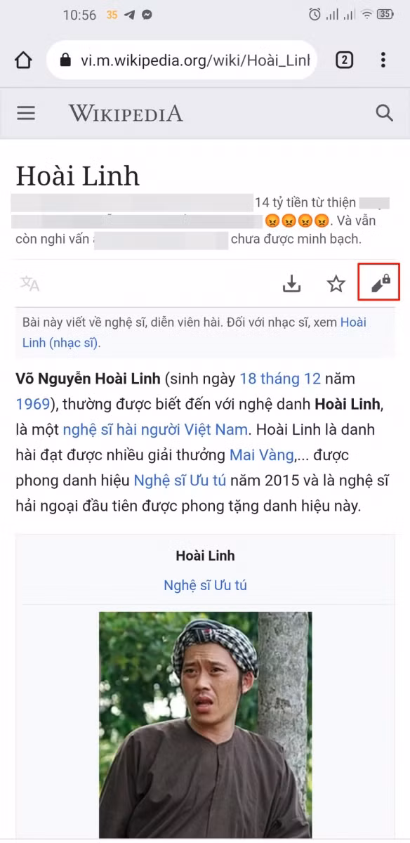 NS Hoài Linh bị sửa tiểu sử trên Wikipedia, những lời thóa mạ liên quan đến 14 tỷ từ thiện. Ảnh chụp màn hình.