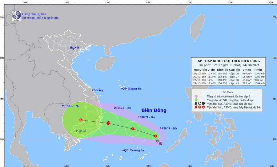 Dự báo vị trí và đường đi của áp thấp nhiệt đới. Ảnh: KTTV.