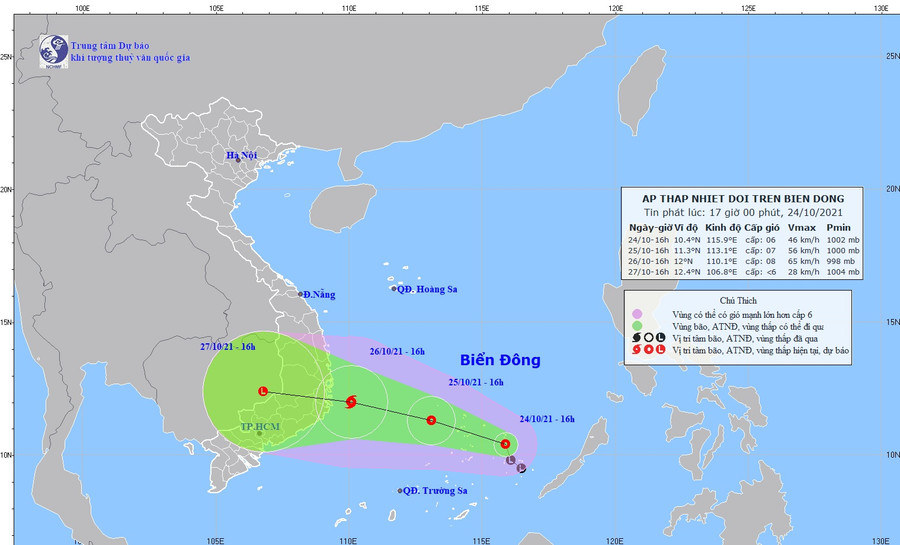 Dự báo vị trí và đường đi của áp thấp nhiệt đới. Ảnh: KTTV.