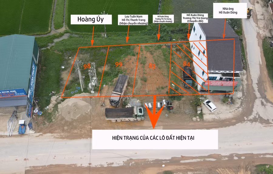 Quá trình cấp đổi, chuyển nhượng giữa các hộ dân đã dịch chuyển đất của ông Hoàng Úy vào đường điện 35kV. Còn nhà ông Hồ Xuân Dũng lại có khoảng 4/5 diện tích xây dựng không nằm trong Giấy CNQSDĐ cấp đổi năm 2018 (lô 84). (Ảnh mô phỏng tương đối dựa vào bản đồ hiện trạng năm 2023 do UBND xã Nam Điền cung cấp)