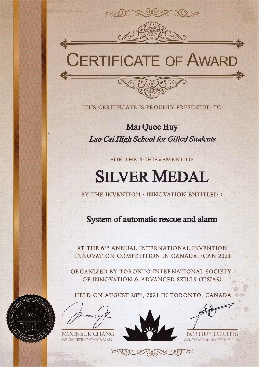 Giấy chứng nhận của BTC cuộc thi cho Mai Quốc Huy.