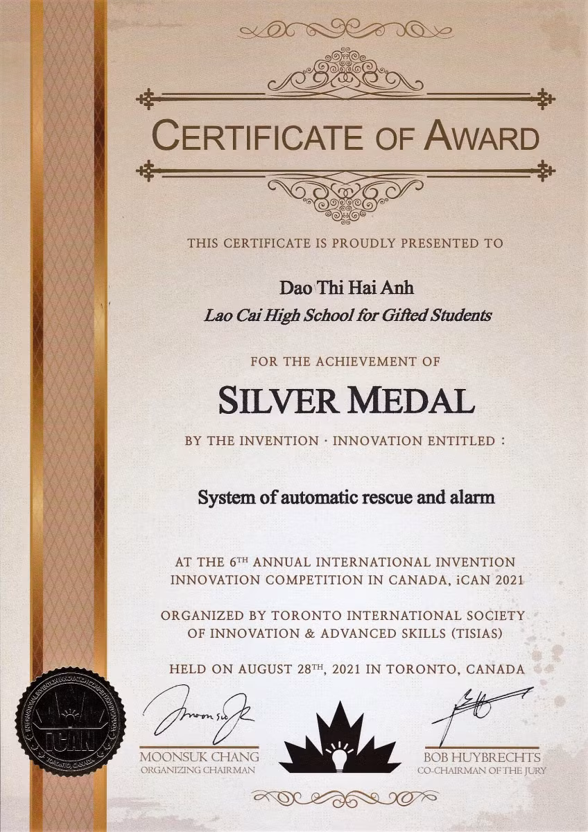 Giấy chứng nhận của BTC cuộc thi cho Đào Thị Hải Anh