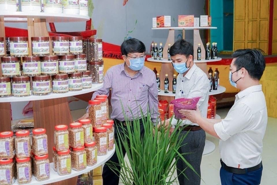 Đại biểu ở Hà Tĩnh tham quan sản phẩm chế biến từ gạo thảo dược Vĩnh Hòa 1 của Công ty TNHH Khoa học và Công nghệ An Phát. (Ảnh: Vũ Long).