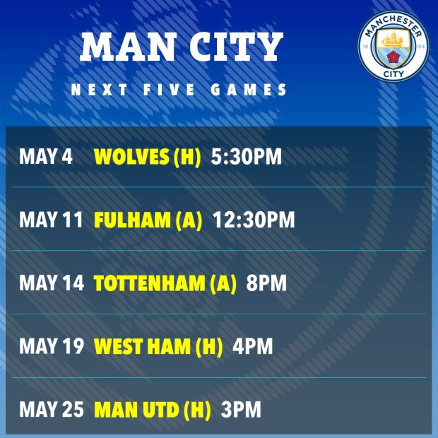 Lịch thi đấu 4 trận còn lại ở Ngoại hạng Anh và chung kết FA Cup của Man City.