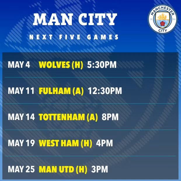 Lịch thi đấu 4 trận còn lại ở Ngoại hạng Anh và chung kết FA Cup của Man City.