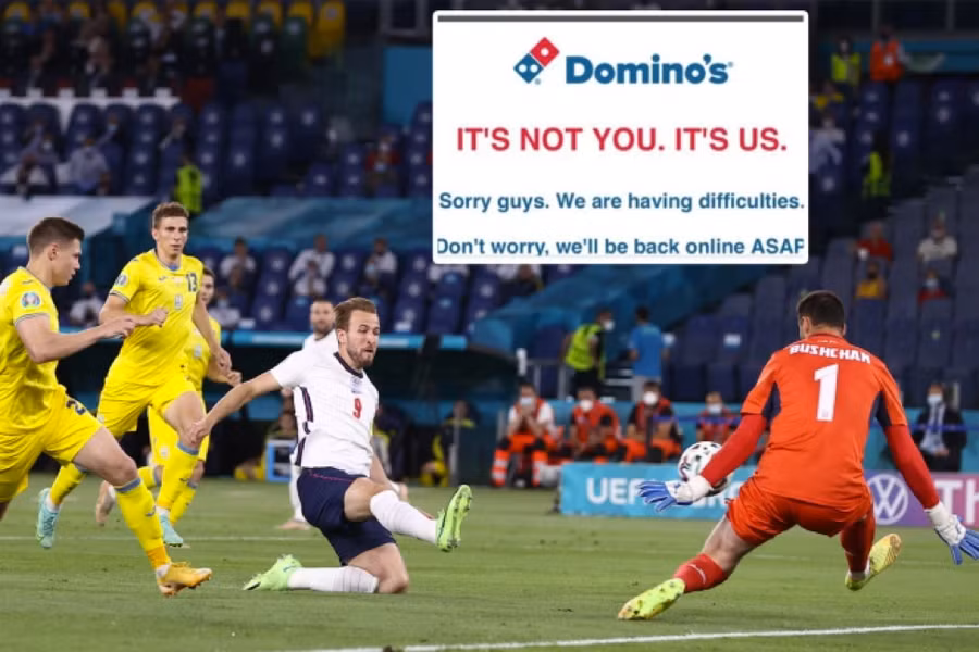 Toàn bộ hệ thống đặt bánh pizza bị đánh sập khi tuyển Anh hạ gục Ukraine tại tứ kết Euro 2020.