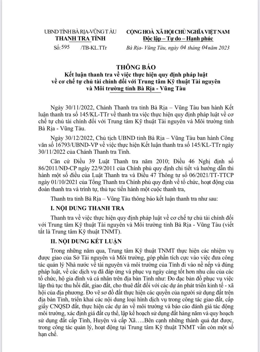 Kết luận của thanh tra về Trung tâm Kỹ thuật Tài nguyên và Môi trường.