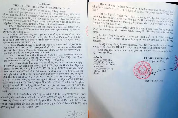 Một phần cáo trạng của Viện KSND Tối cao. Ảnh: CTV