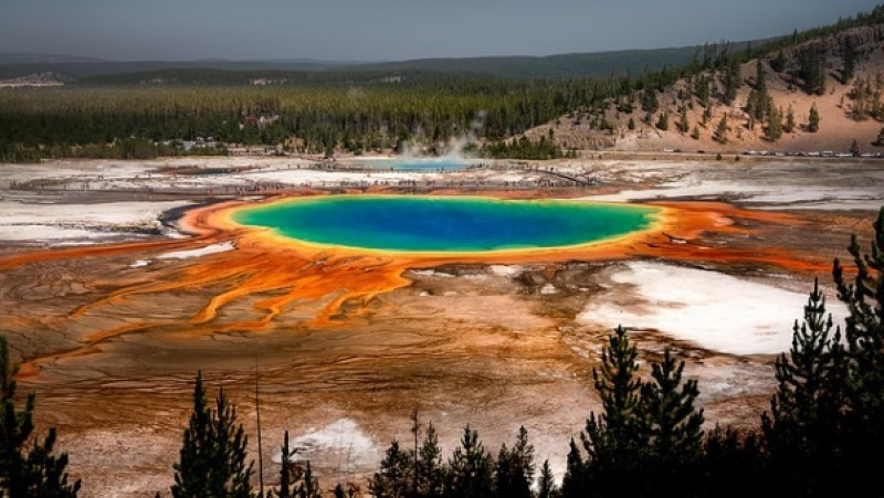 Grand Prismatic bỏng rẫy, song vẫn dày đặc vi tảo sinh sôi. Grand Prismatic bỏng rẫy, song vẫn dày đặc vi tảo sinh sôi.