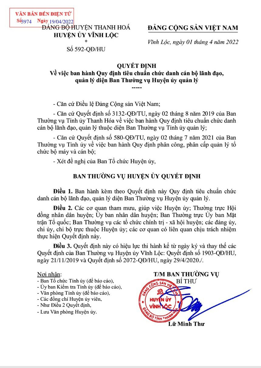 Quyết định 592/QĐ-HU, ngày 1/4/2022 của BTV Huyện ủy Vĩnh Lộc. Ảnh: HĐ Quyết định 592/QĐ-HU, ngày 1/4/2022 của BTV Huyện ủy Vĩnh Lộc. Ảnh: HĐ