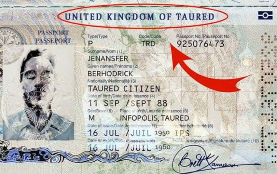 Hộ chiếu của John Allen Zegrus được cấp bởi 'Liên hiệp vương quốc Taured'.