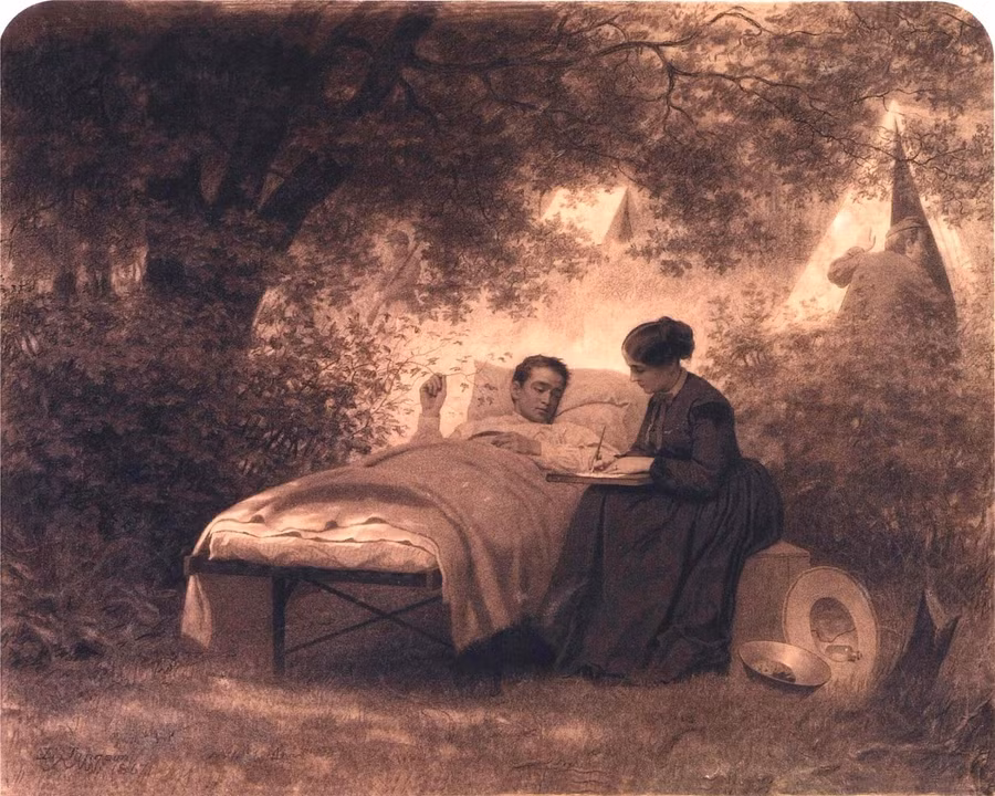 Tranh vẽ Arabella chăm sóc chồng, Frank, tại quê nhà ở New Jersey.