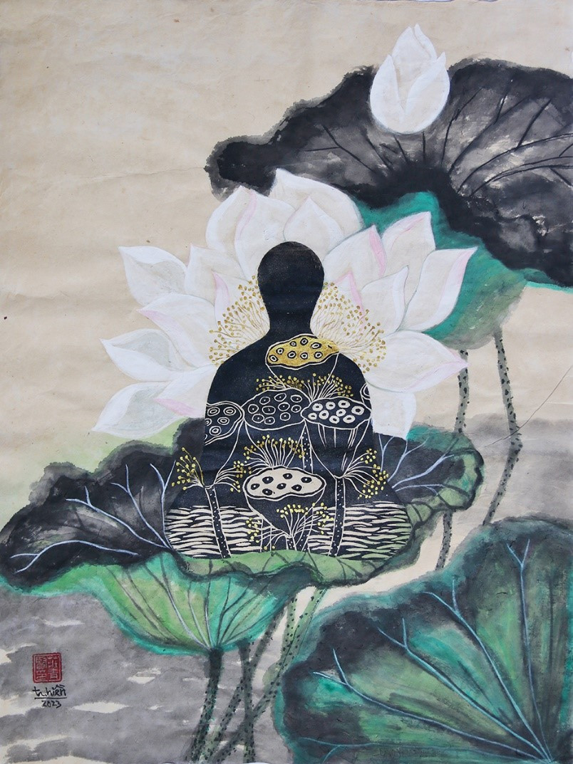 Tác phẩm &apos;Mơ hoa&apos;, khắc gỗ màu nước trên giấy dó, 2023.