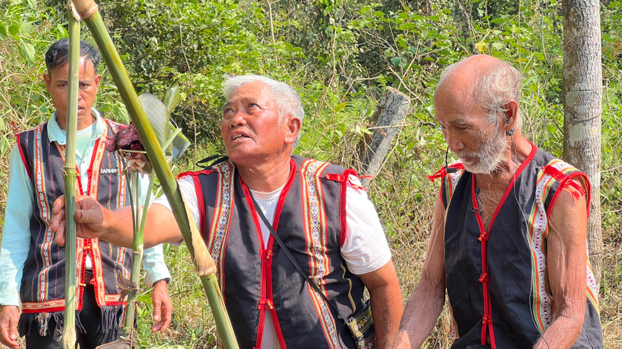 Ngay từ sáng sớm, già làng Hnap trang trí cây nêu, chuẩn bị lễ vật dâng lên thần linh.
