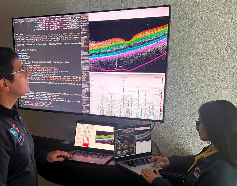 Các nhà nghiên cứu kiểm tra dữ liệu và hình ảnh độ dày võng mạc. Các nhà nghiên cứu kiểm tra dữ liệu và hình ảnh độ dày võng mạc.