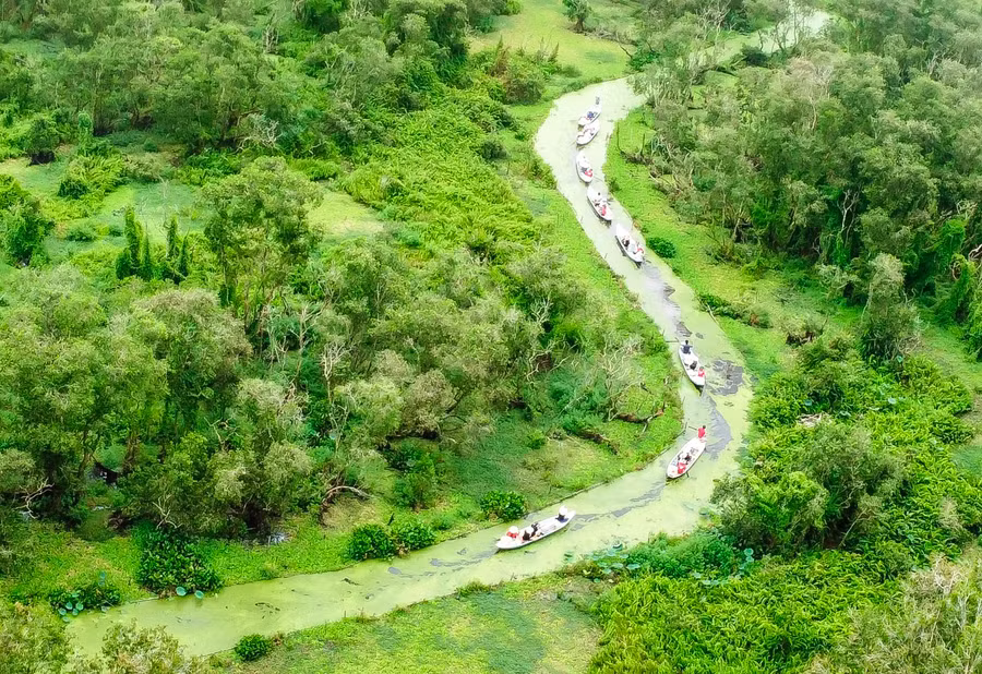 Điểm Du lịch sinh thái rừng tràm Trà Sư nhìn từ trên cao. Ảnh: Thành Thật