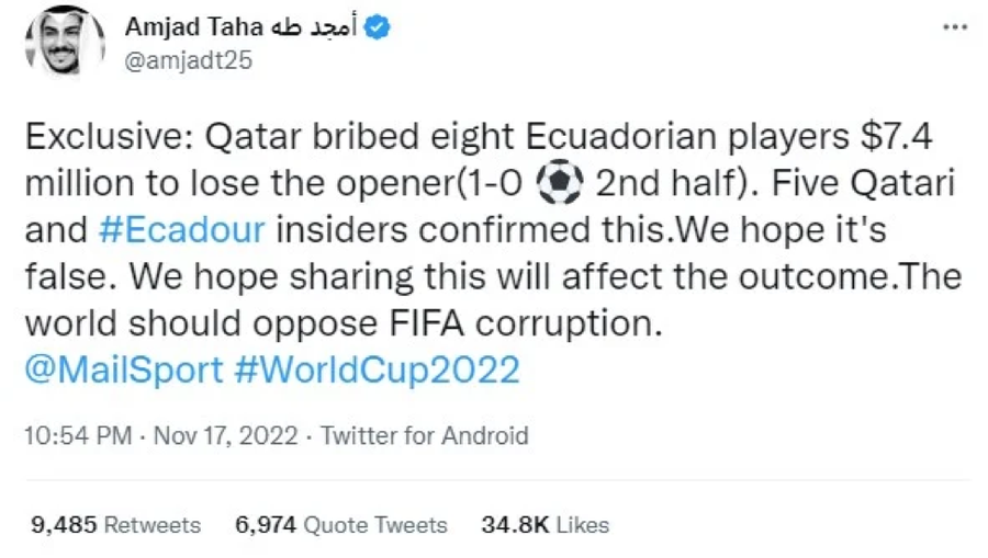 Bài đăng trên Twitter của ông Amjad Taha với nghi vấn chủ nhà Qatar mua chiến thắng trận ra quân gặp Ecuador.