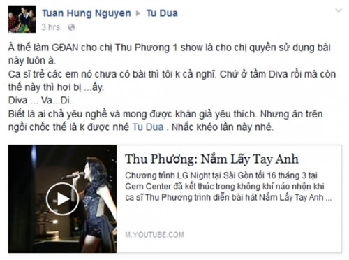 ‘Nhắc khéo’ Thu Phương ‘xài chùa’ bản hit, Tuấn Hưng bị Duy Mạnh tố ‘ăn cháo đá bát’ - Ảnh 2 ‘Nhắc khéo’ Thu Phương ‘xài chùa’ bản hit, Tuấn Hưng bị Duy Mạnh tố ‘ăn cháo đá bát’ - Ảnh 2