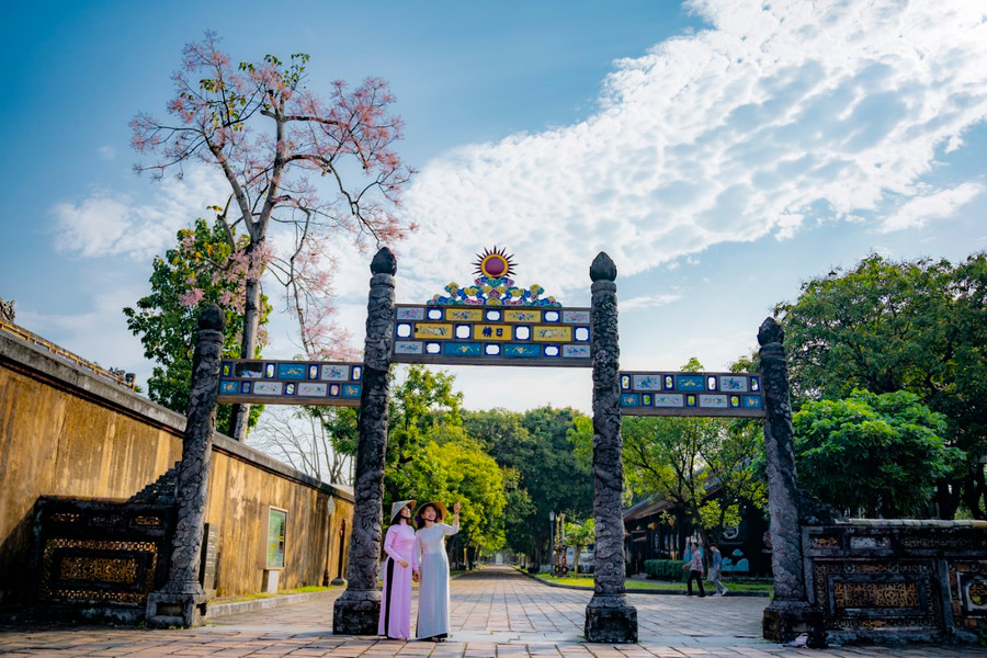 Nhiều du khách thích thú khi tham quan Đại nội Huế vào đúng dịp hoa ngô đồng nở. Nhiều du khách thích thú khi tham quan Đại nội Huế vào đúng dịp hoa ngô đồng nở.